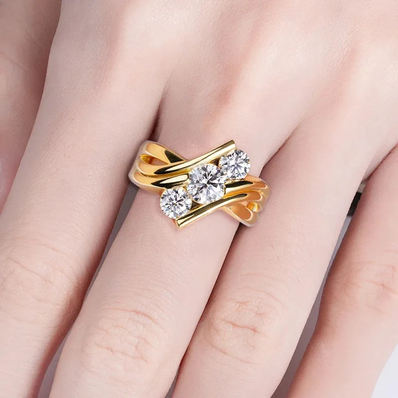 Three Stones 925 Sterling Silver 2 Carat All Moissanite Ring Woman Yellow Color Engagement Ring