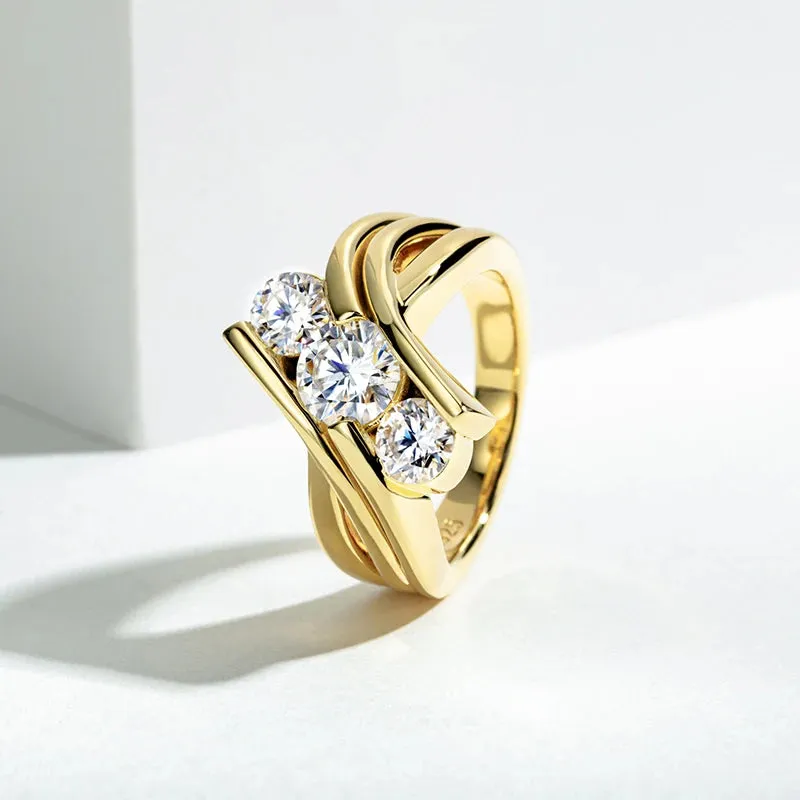 Three Stones 925 Sterling Silver 2 Carat All Moissanite Ring Woman Yellow Color Engagement Ring