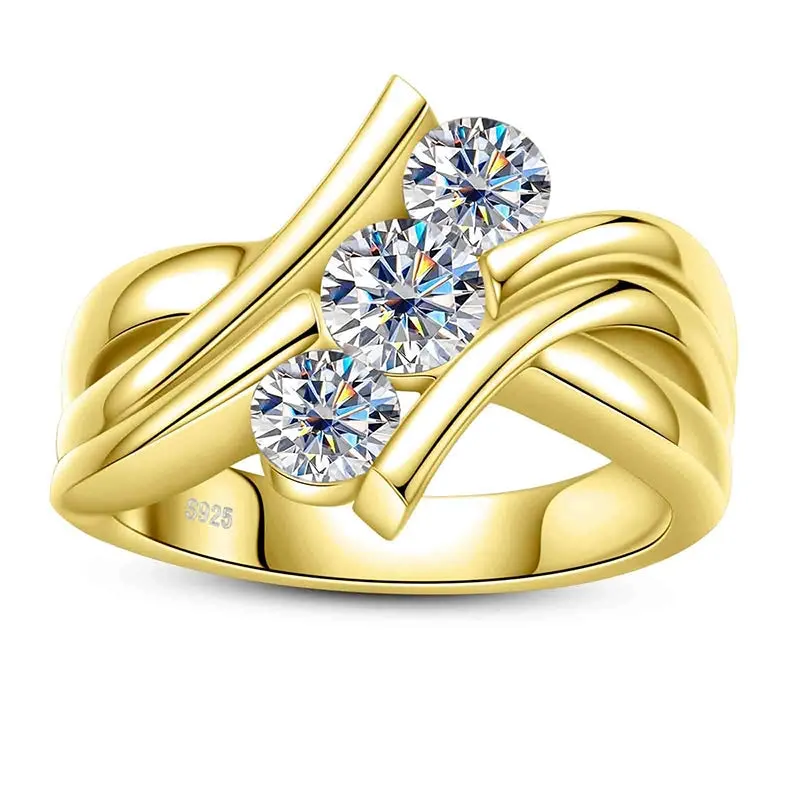Three Stones 925 Sterling Silver 2 Carat All Moissanite Ring Woman Yellow Color Engagement Ring