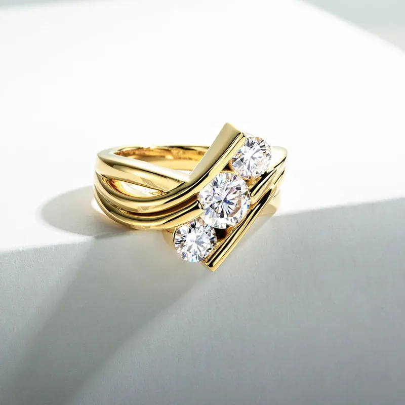 Three Stones 925 Sterling Silver 2 Carat All Moissanite Ring Woman Yellow Color Engagement Ring