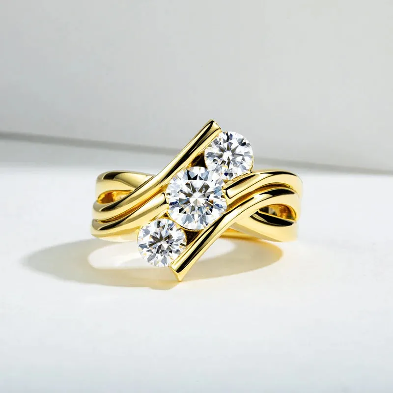 Three Stones 925 Sterling Silver 2 Carat All Moissanite Ring Woman Yellow Color Engagement Ring