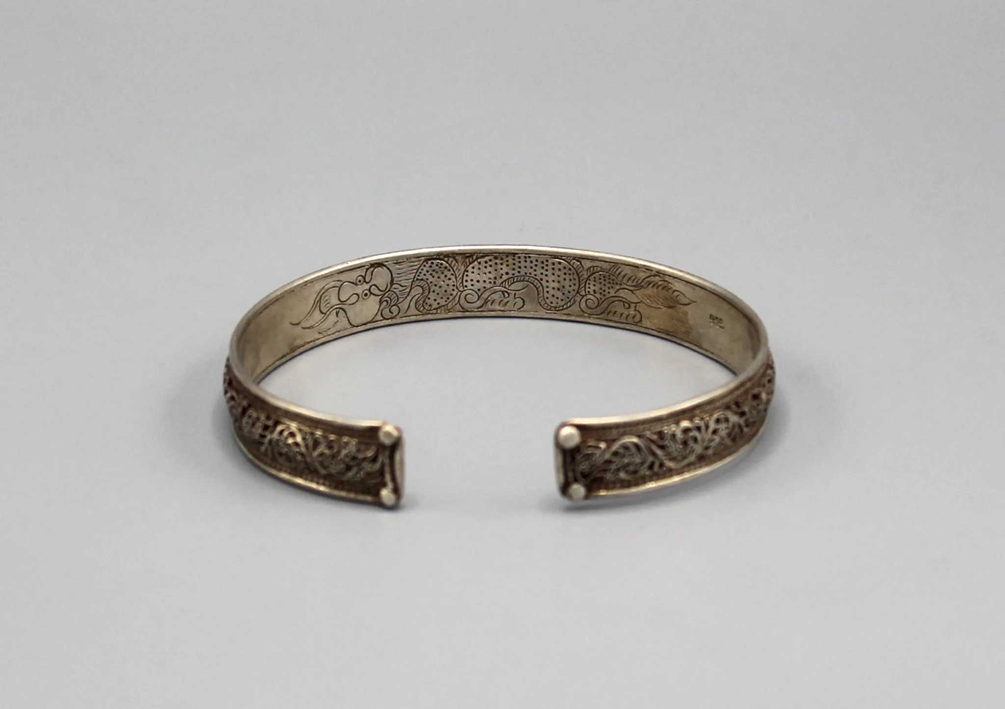 Tibetan Om Mani Carving Sterling Silver Bracelet