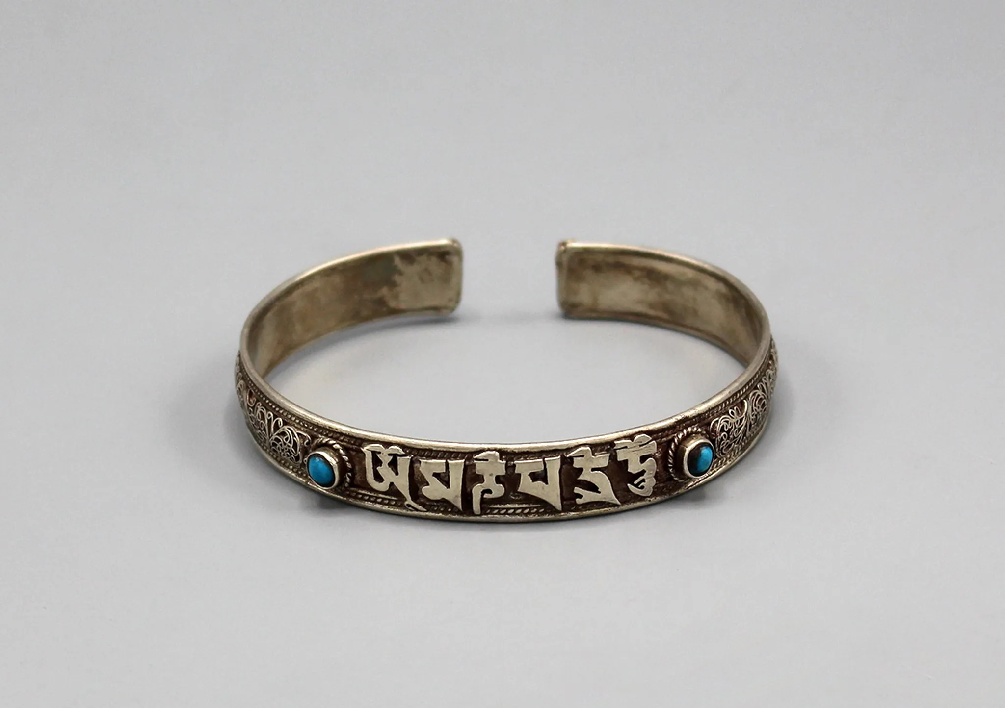 Tibetan Om Mani Carving Sterling Silver Bracelet