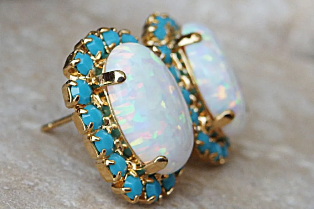 Turquoise and Opal Gold Earrings
