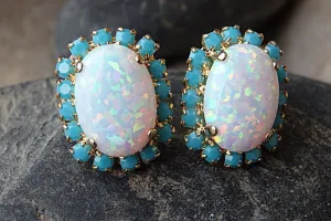 Turquoise and Opal Gold Earrings