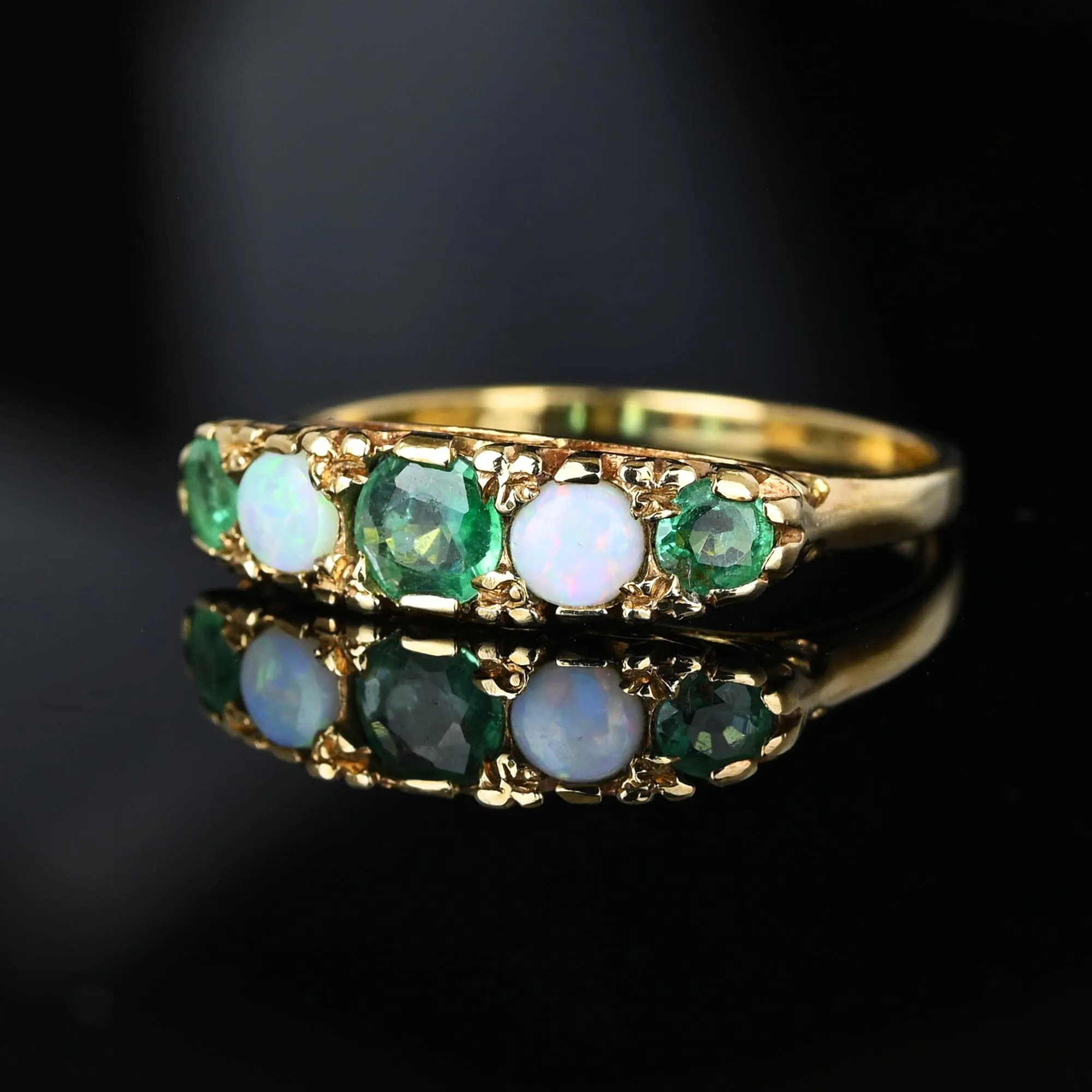 Vintage English Emerald Opal Five Stone Ring Band