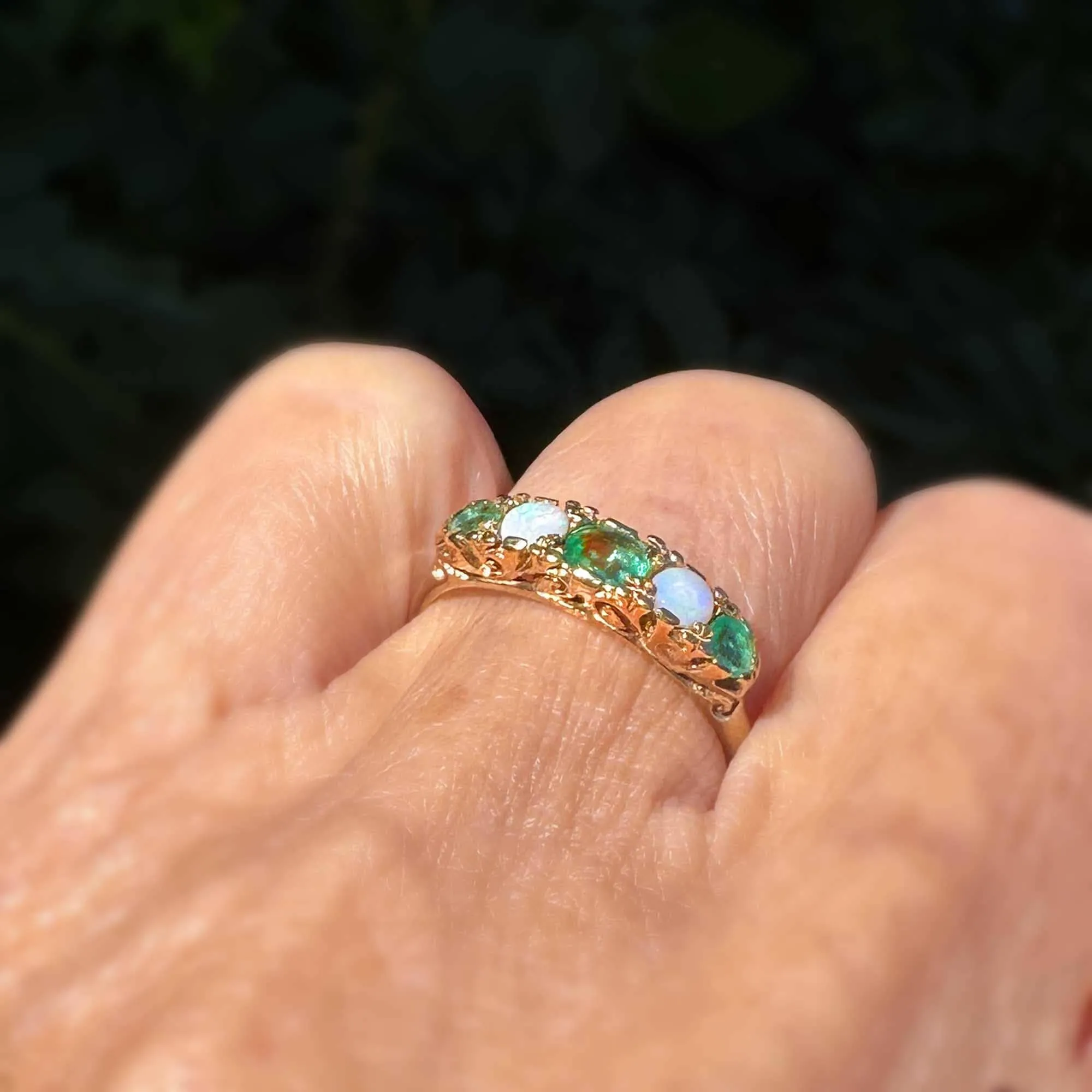 Vintage English Emerald Opal Five Stone Ring Band