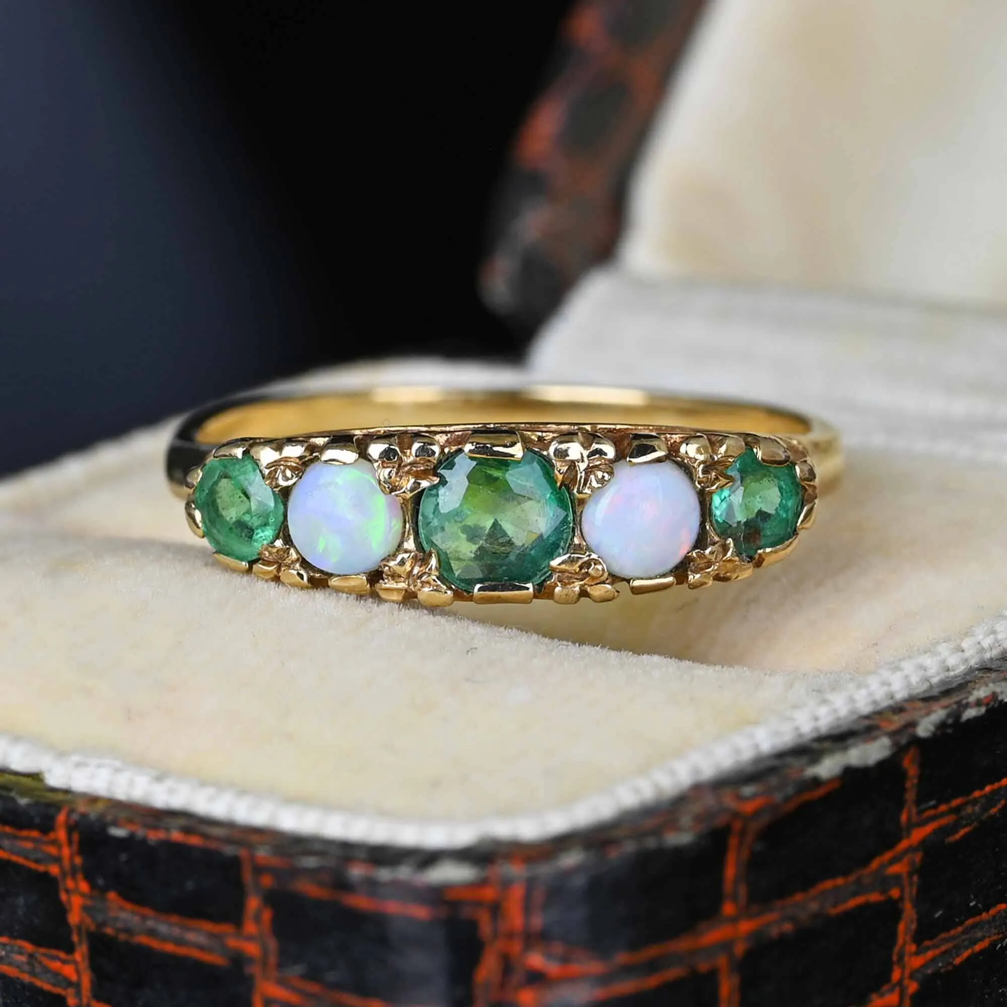 Vintage English Emerald Opal Five Stone Ring Band