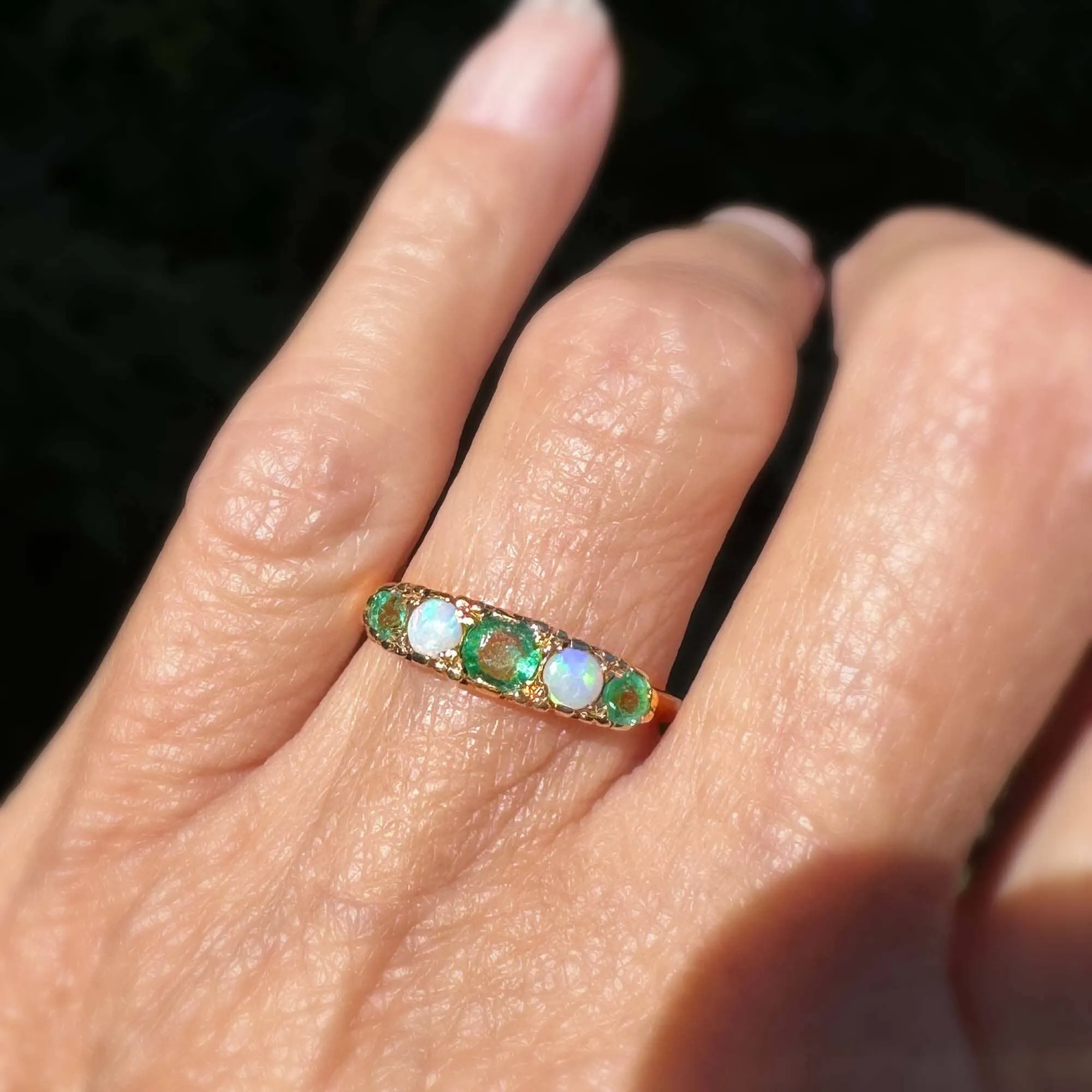 Vintage English Emerald Opal Five Stone Ring Band
