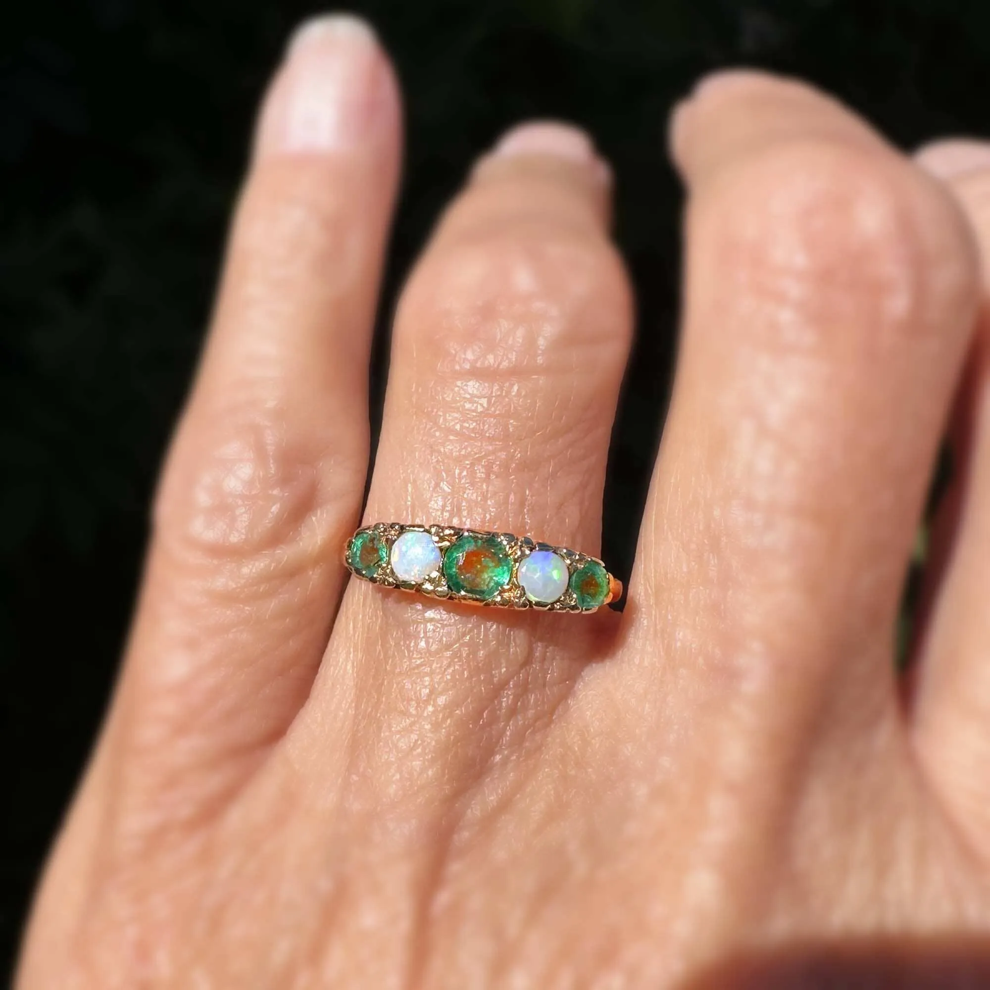Vintage English Emerald Opal Five Stone Ring Band