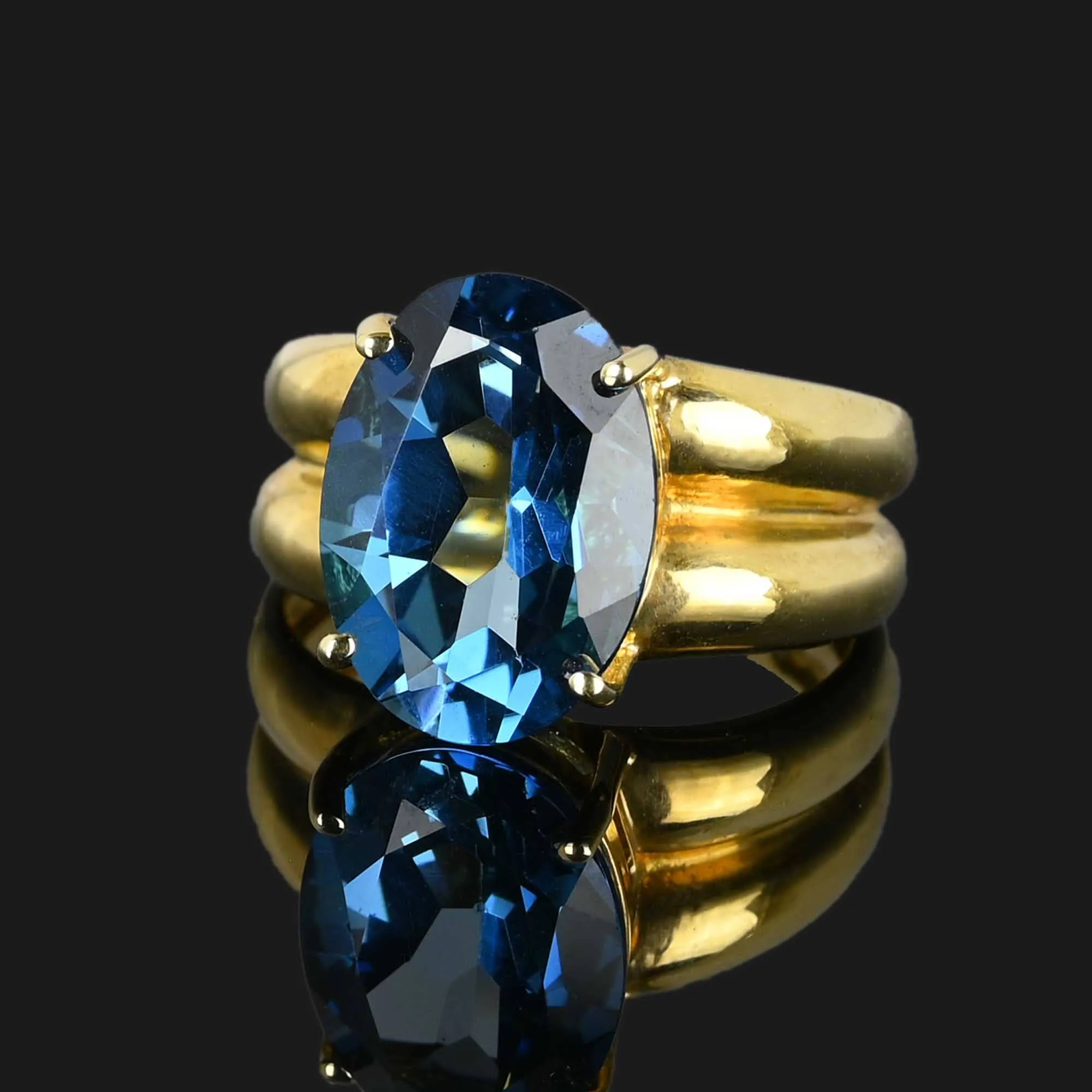 Vintage London Blue Topaz Ring, Wide Gold Double Band