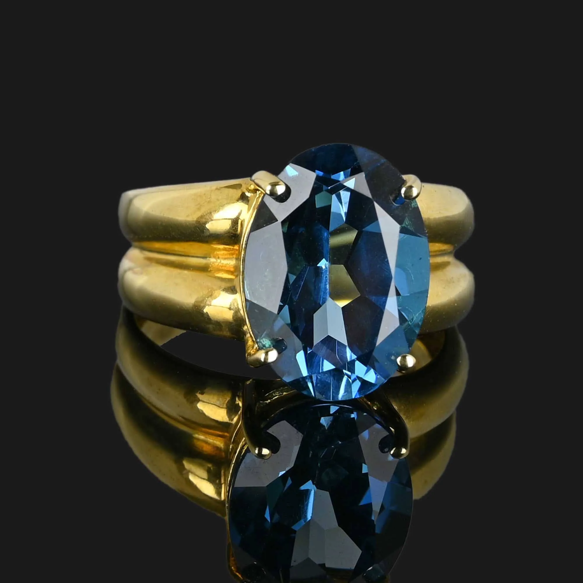 Vintage London Blue Topaz Ring, Wide Gold Double Band