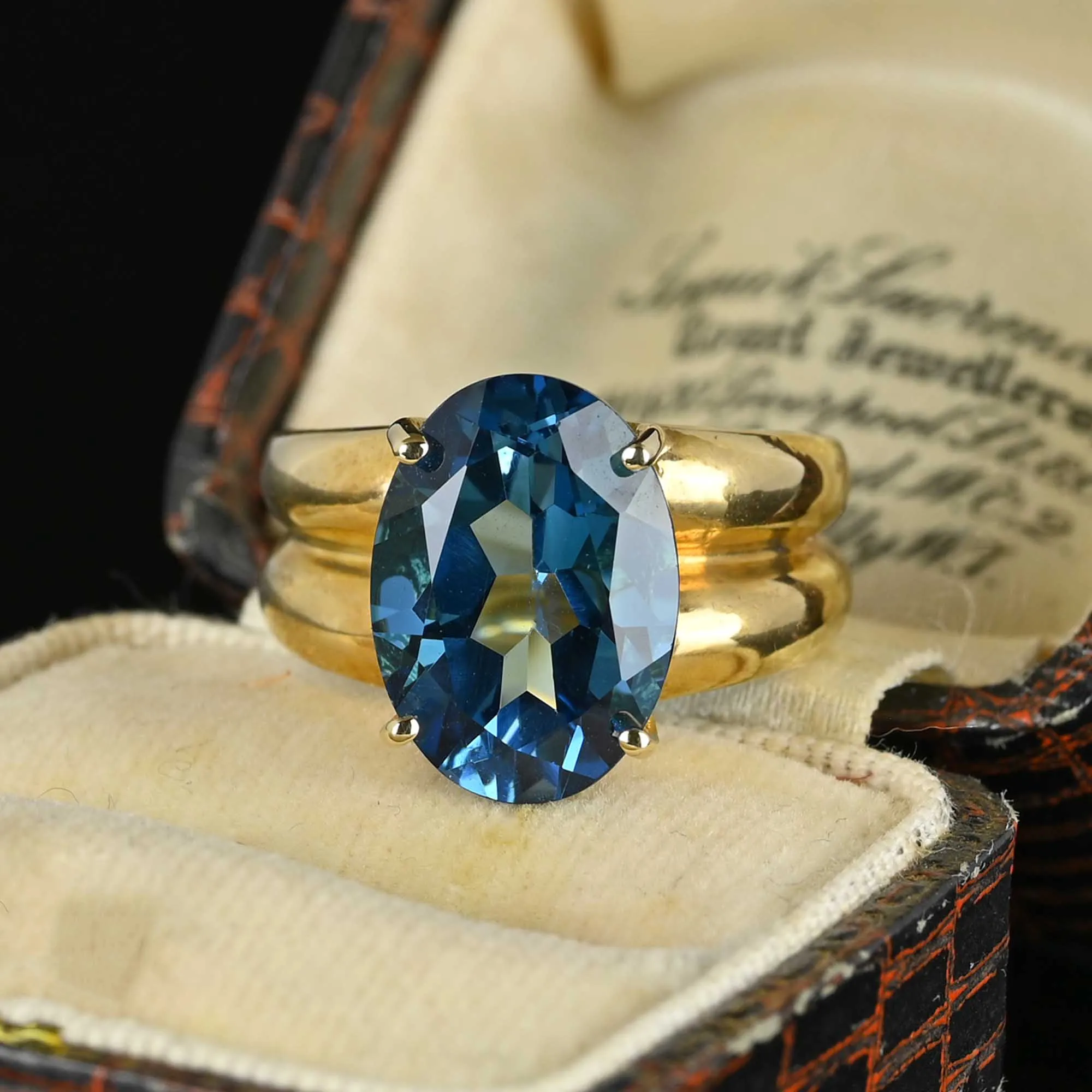 Vintage London Blue Topaz Ring, Wide Gold Double Band