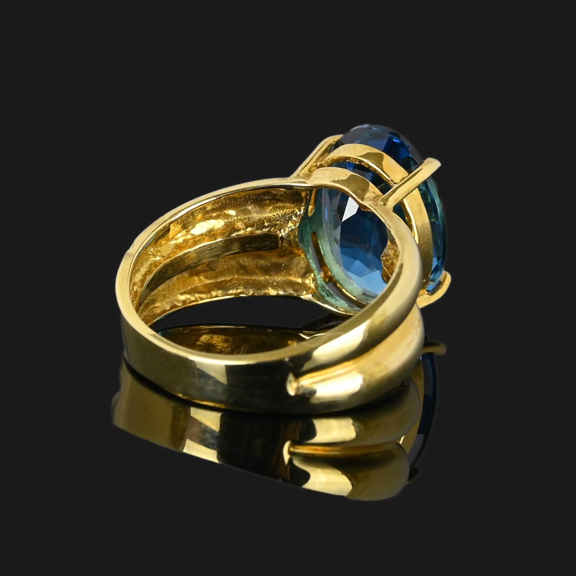 Vintage London Blue Topaz Ring, Wide Gold Double Band