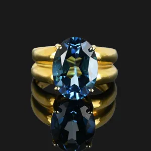Vintage London Blue Topaz Ring, Wide Gold Double Band