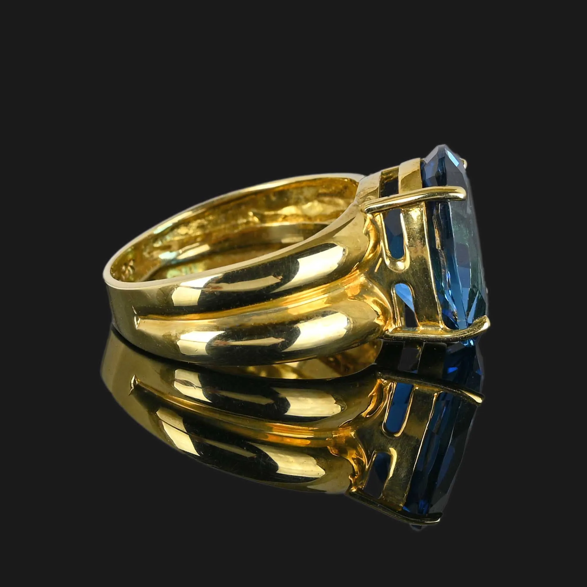 Vintage London Blue Topaz Ring, Wide Gold Double Band