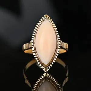 Vintage Salmon Coral Navette Ring in 18K Gold