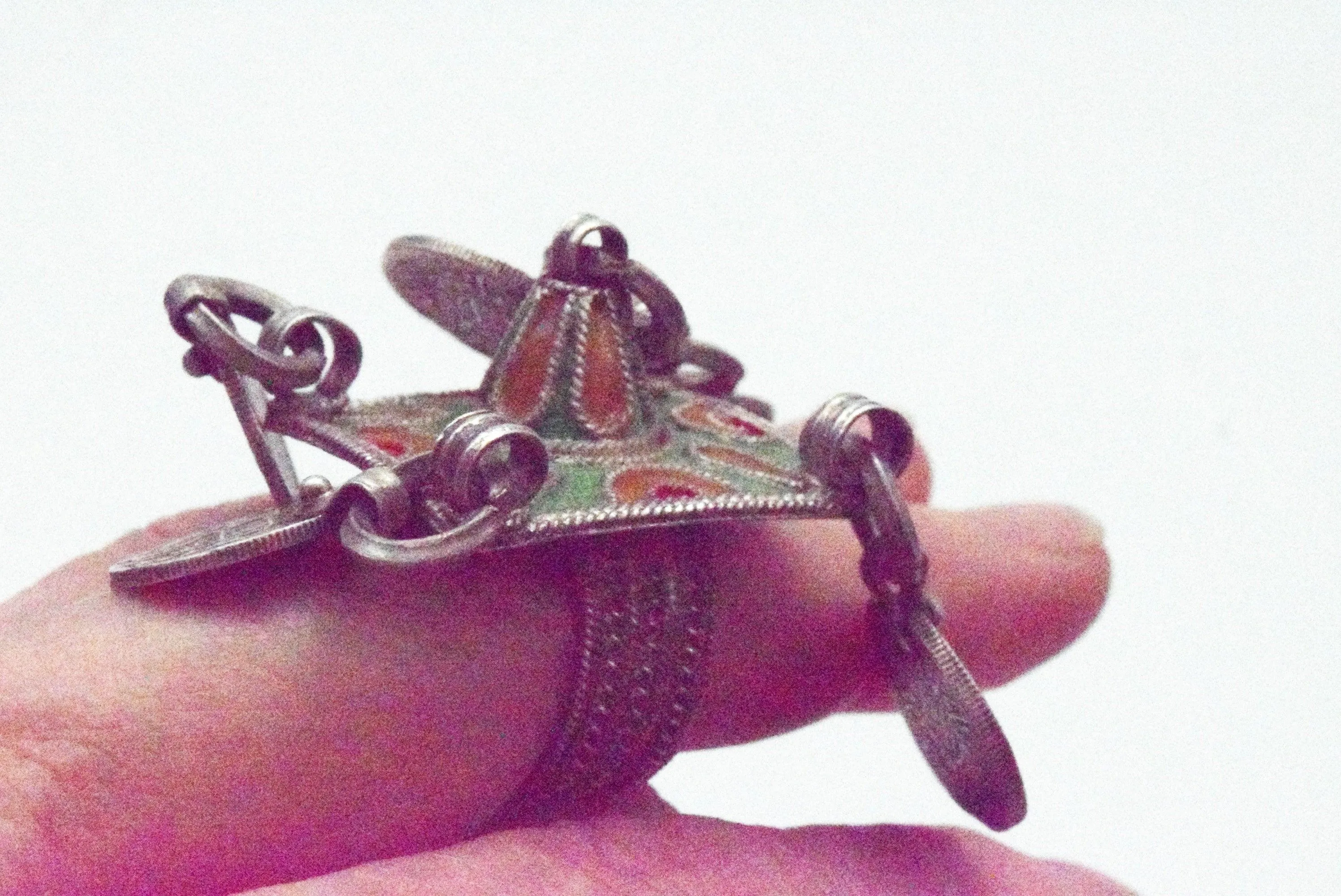Vintage Silver and Enamel Moroccan Berber Ring with Coins