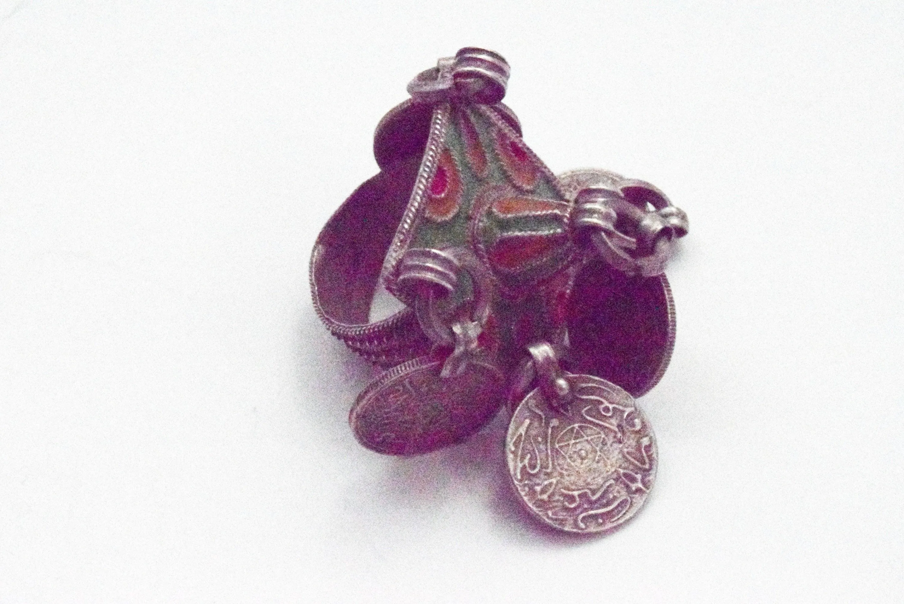 Vintage Silver and Enamel Moroccan Berber Ring with Coins