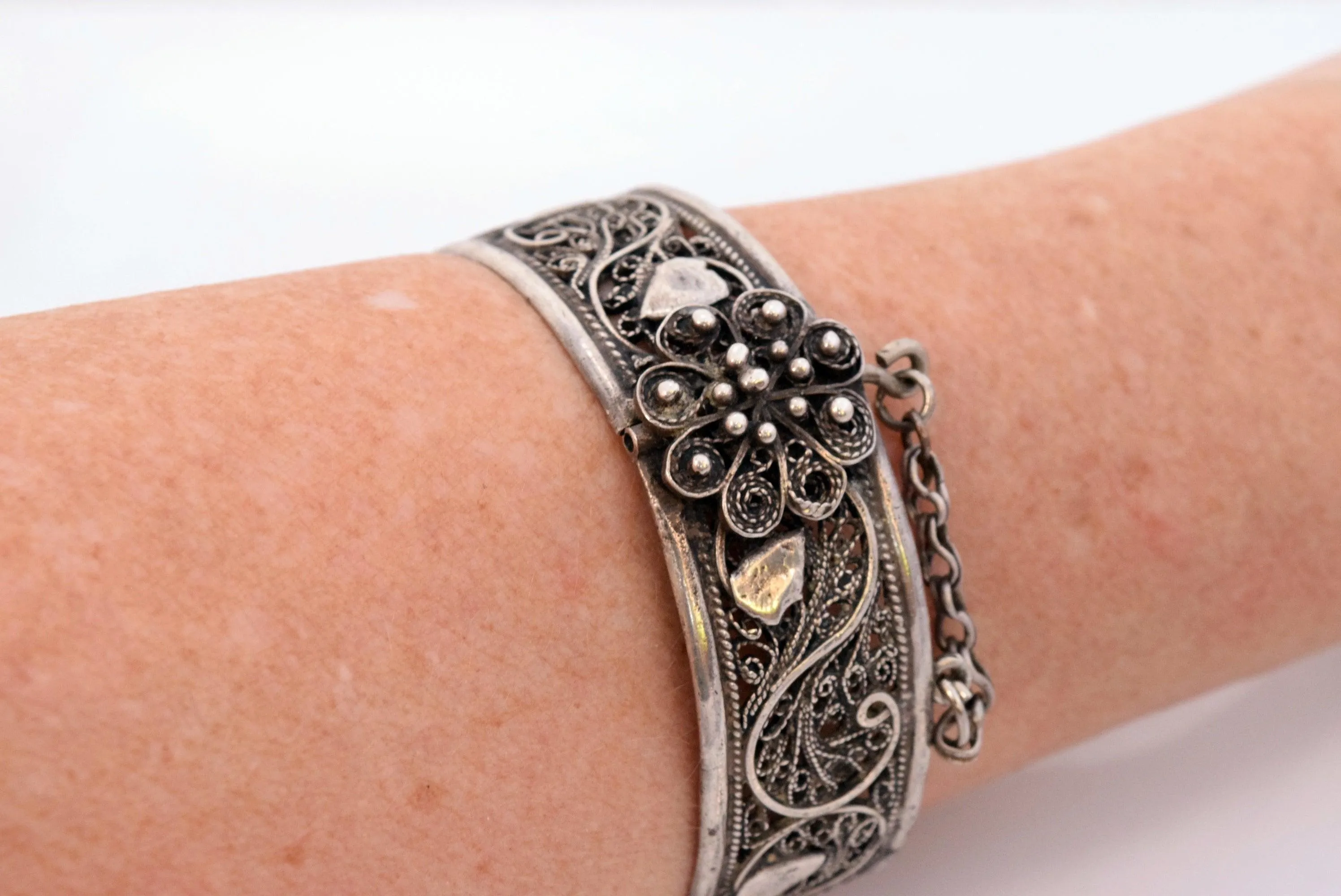 Vintage Silver Filigree Ottoman Style Moroccan Bracelet with Ram's Head Hallmark