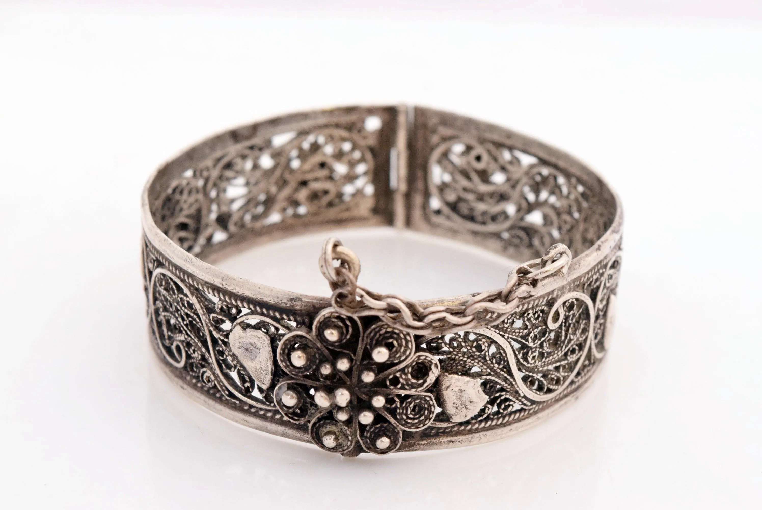Vintage Silver Filigree Ottoman Style Moroccan Bracelet with Ram's Head Hallmark