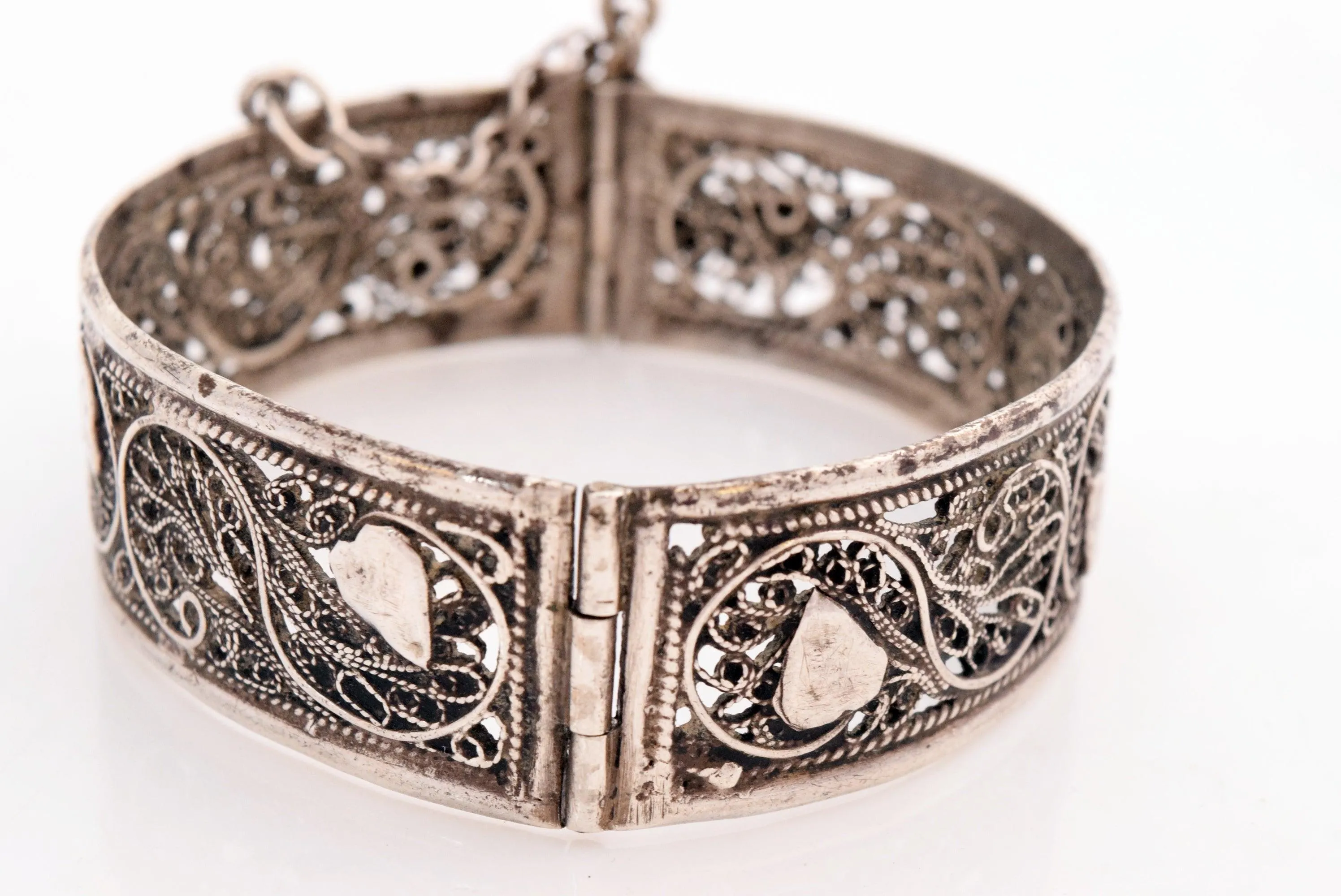 Vintage Silver Filigree Ottoman Style Moroccan Bracelet with Ram's Head Hallmark