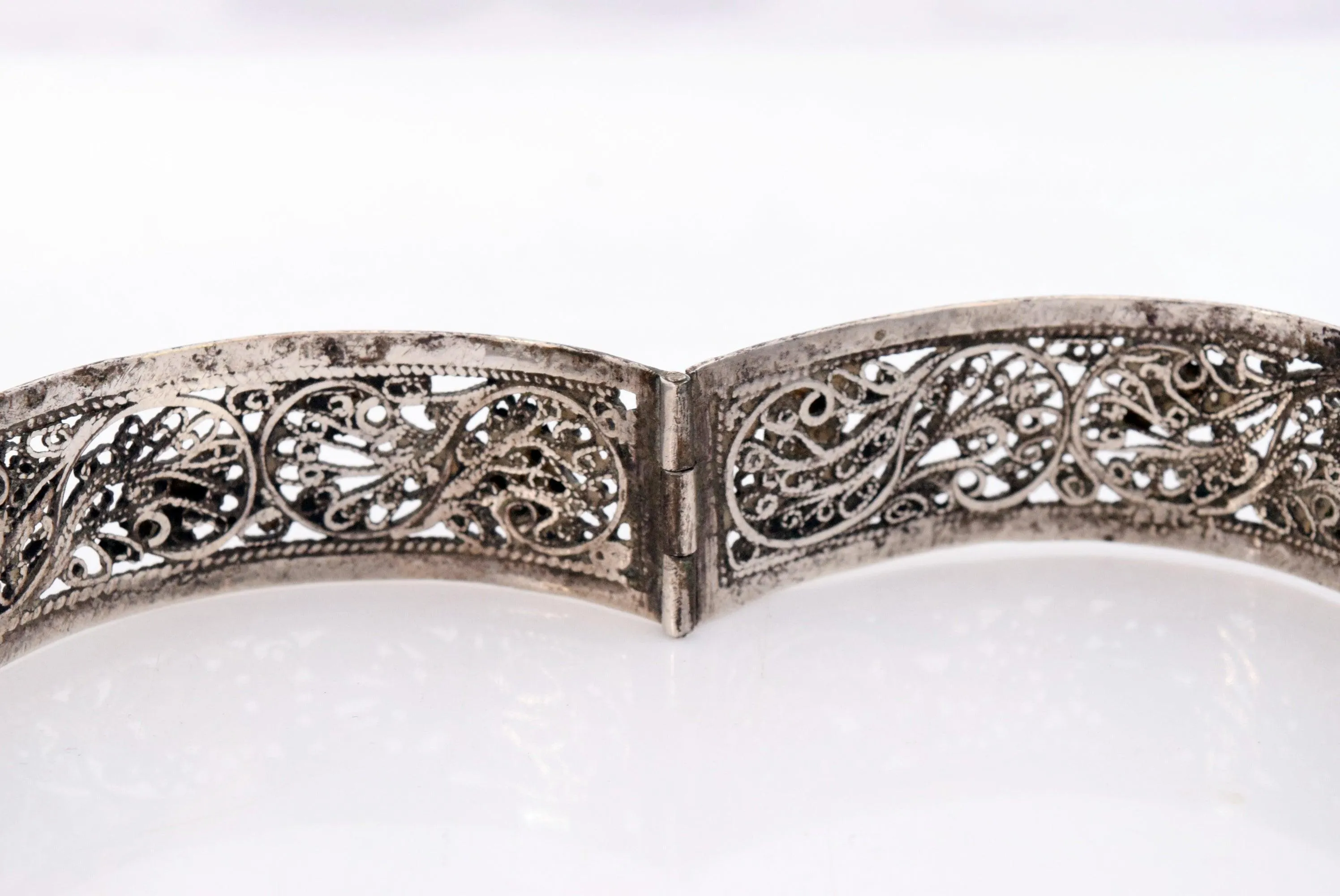 Vintage Silver Filigree Ottoman Style Moroccan Bracelet with Ram's Head Hallmark