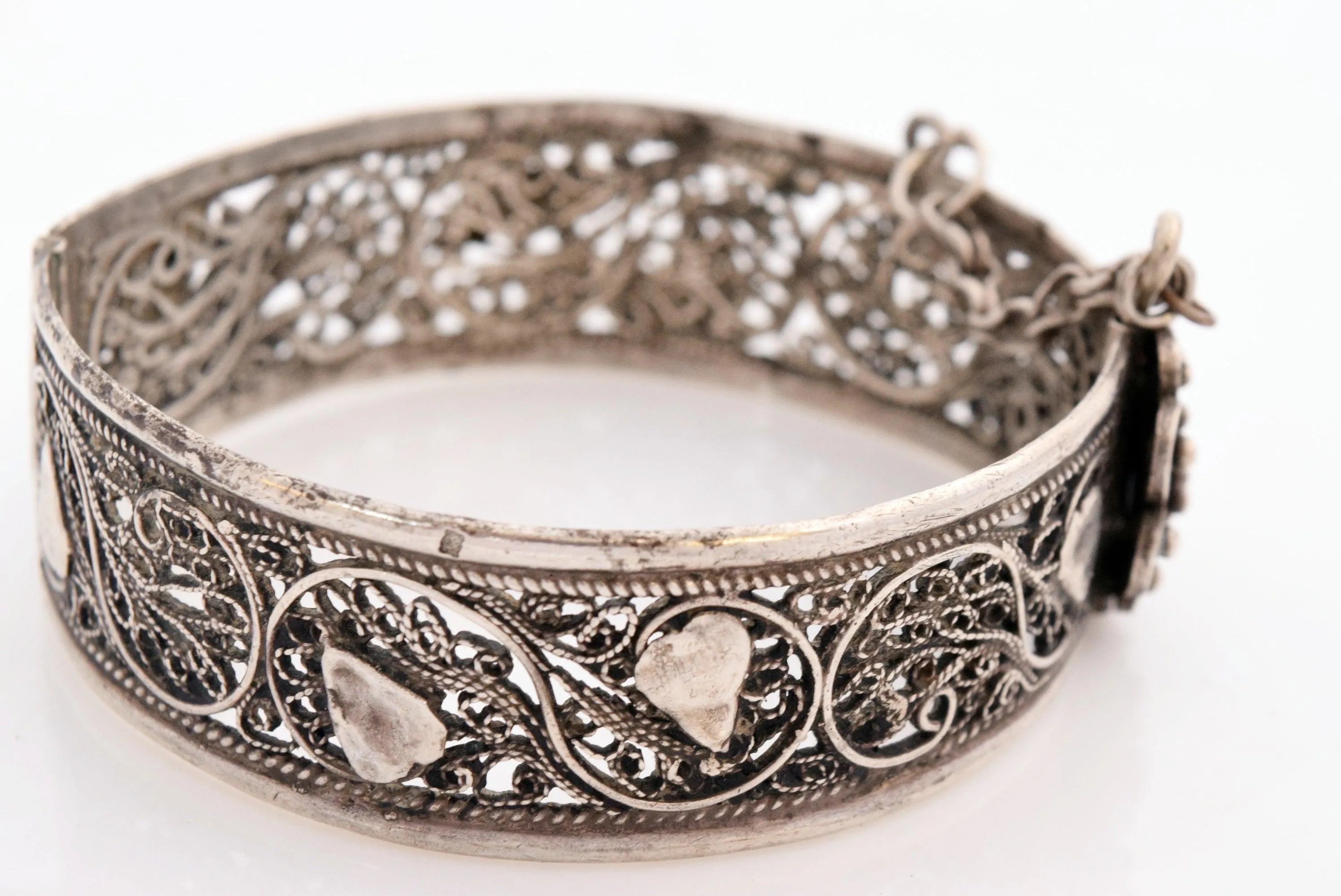 Vintage Silver Filigree Ottoman Style Moroccan Bracelet with Ram's Head Hallmark