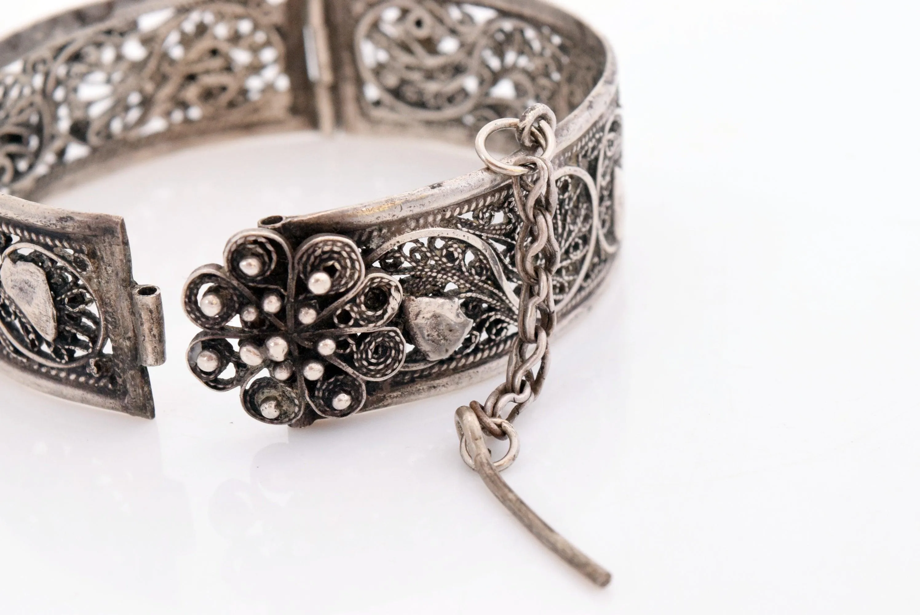 Vintage Silver Filigree Ottoman Style Moroccan Bracelet with Ram's Head Hallmark