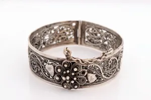 Vintage Silver Filigree Ottoman Style Moroccan Bracelet with Ram's Head Hallmark