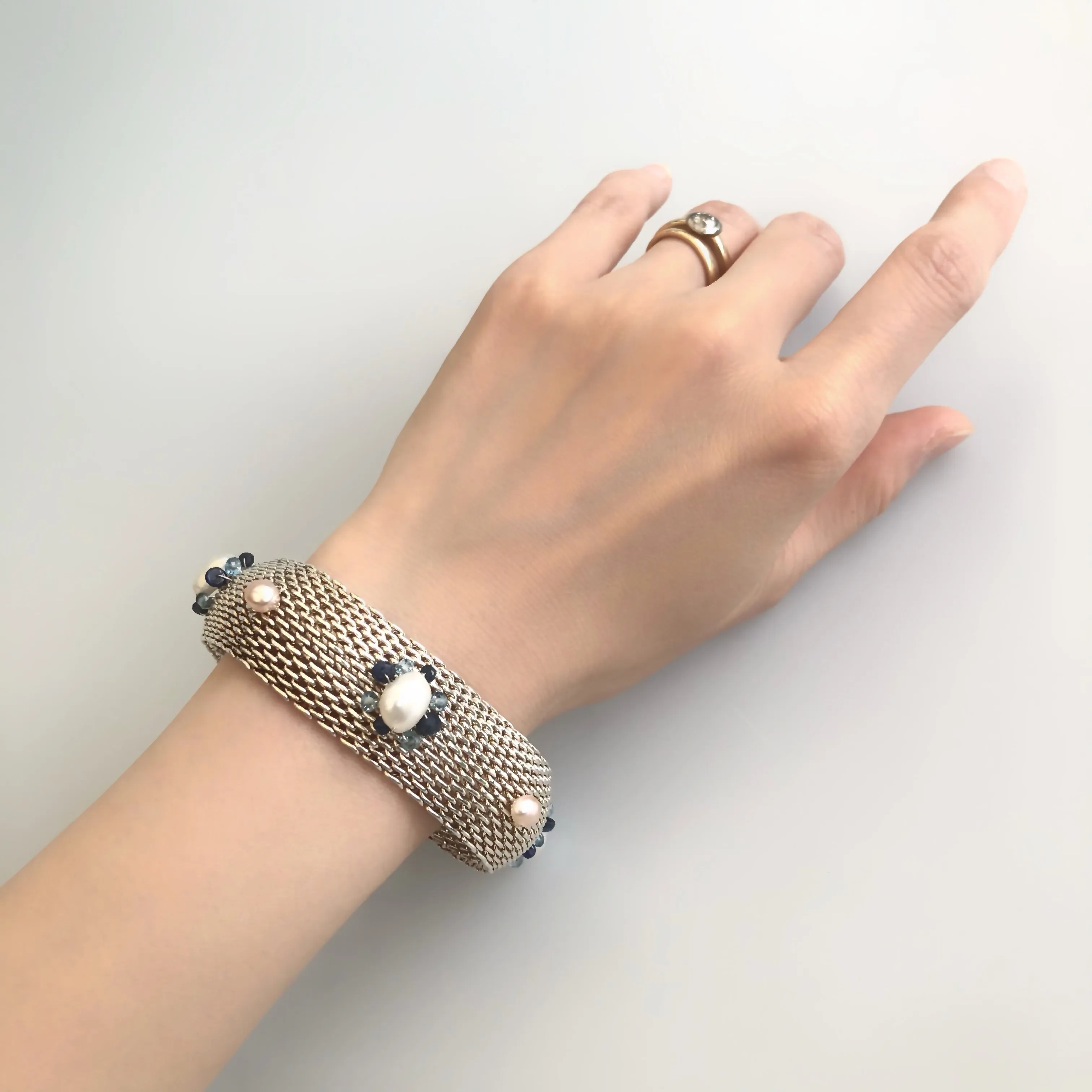 Wire Wrapped Gemstone Flower Bangle Bracelet